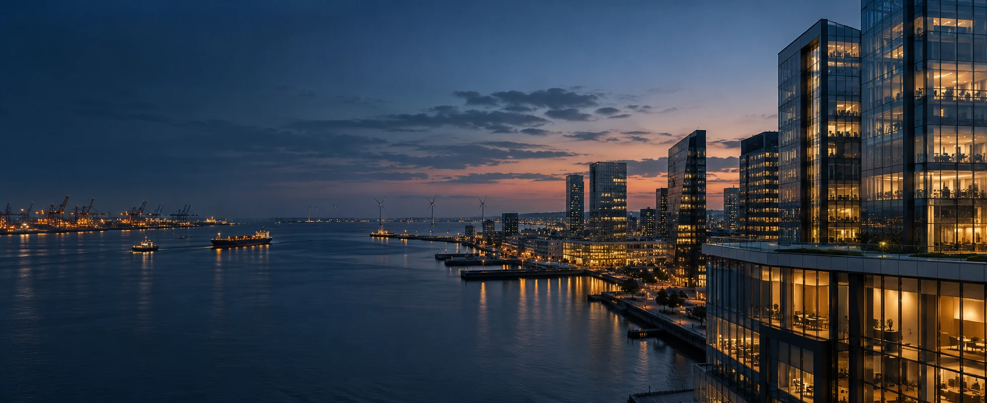 Conceptual waterfront financial district with energy and port infrastructure at dusk